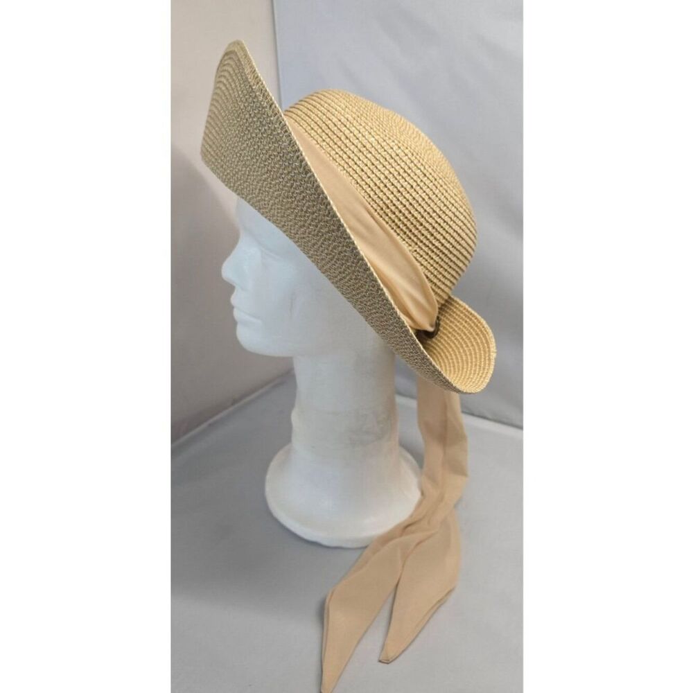 Wide-Brimmed Straw Hat Beige Ribbon Tie Chic Lightweight Summer nautical beach
